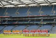 7 October 2012; The Louth and Antrim teams ahead of the game. TG4 All-Ireland Ladies Football Junior Championship Final, Antrim v Louth, Croke Park, Dublin. Picture credit: Stephen McCarthy / SPORTSFILE
