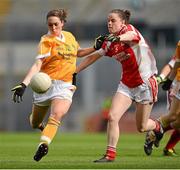 7 October 2012; Clare Timoney, Antrim, in action against Michelle McMahon, Louth. TG4 All-Ireland Ladies Football Junior Championship Final, Antrim v Louth, Croke Park, Dublin. Picture credit: Brendan Moran / SPORTSFILE