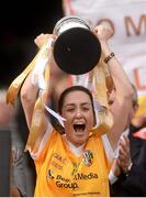 7 October 2012; Antrim captain Clare Timoney lifts the cup. TG4 All-Ireland Ladies Football Junior Championship Final, Antrim v Louth, Croke Park, Dublin. Picture credit: Stephen McCarthy / SPORTSFILE