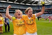 7 October 2012; Antrim's Helen Ward, left, and Geraldine McGinley celebrate after the game. TG4 All-Ireland Ladies Football Junior Championship Final, Antrim v Louth, Croke Park, Dublin. Picture credit: Brendan Moran / SPORTSFILE