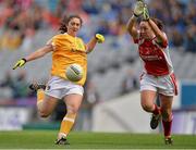 7 October 2012; Maeve McCurdy, Antrim, in action against Aine McGee, Louth. TG4 All-Ireland Ladies Football Junior Championship Final, Antrim v Louth, Croke Park, Dublin. Picture credit: Brendan Moran / SPORTSFILE