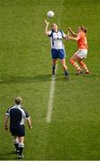 7 October 2012; Michelle Ryan, Waterford, and Sinead McCleary, Armagh, contest the throw-in. TG4 All-Ireland Ladies Football Intermediate Championship Final, Armagh v Waterford, Croke Park, Dublin. Picture credit: Stephen McCarthy / SPORTSFILE