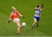 7 October 2012; Kelly Mallon, Armagh, in action against Aoife Landers, Waterford. TG4 All-Ireland Ladies Football Intermediate Championship Final, Armagh v Waterford, Croke Park, Dublin. Picture credit: Stephen McCarthy / SPORTSFILE