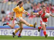 7 October 2012; Maeve McCurdy, Antrim, in action against Anne Marie Lynch, and Aine McGee, right, Louth. TG4 All-Ireland Ladies Football Junior Championship Final, Antrim v Louth, Croke Park, Dublin. Picture credit: Brendan Moran / SPORTSFILE