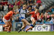 7 October 2012; Hannah Landers shoots past Armagh defenders Clodagh McCann, left, and Laura Brown to score a first half goal for Waterford. TG4 All-Ireland Ladies Football Intermediate Championship Final, Armagh v Waterford, Croke Park, Dublin. Picture credit: Ray McManus / SPORTSFILE