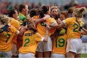 7 October 2012; Members of the Antrim team celebrate victory. TG4 All-Ireland Ladies Football Junior Championship Final, Antrim v Louth, Croke Park, Dublin. Picture credit: Ray McManus / SPORTSFILE