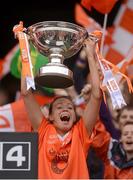 7 October 2012; Armagh captain Mags McAlinden lifts the cup. TG4 All-Ireland Ladies Football Intermediate Championship Final, Armagh v Waterford, Croke Park, Dublin. Picture credit: Stephen McCarthy / SPORTSFILE