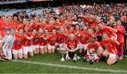 7 October 2012; The Cork team, including manager Eamonn Ryan, celebrate with the Brendan Martin Cup after the game. TG4 All-Ireland Ladies Football Senior Championship Final, Cork v Kerry, Croke Park, Dublin. Picture credit: Brendan Moran / SPORTSFILE