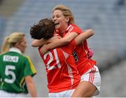 7 October 2012; Cork players Orla Finn, right, and Annie Walsh celebrate at the final whistle. TG4 All-Ireland Ladies Football Senior Championship Final, Cork v Kerry, Croke Park, Dublin. Picture credit: Brendan Moran / SPORTSFILE