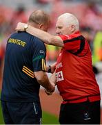 7 October 2012; The Cork manager, Eamonn Ryan, right, and the Kerry manager, William O'Sullivan, shake hands after the game. TG4 All-Ireland Ladies Football Senior Championship Final, Cork v Kerry, Croke Park, Dublin. Picture credit: Ray McManus / SPORTSFILE