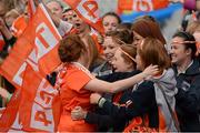 7 October 2012; Corner forward Kelly Mallon is congratulated by some of her St Peter's Club, Lurgan, Co. Armagh, club mates. TG4 All-Ireland Ladies Football Intermediate Championship Final, Armagh v Waterford, Croke Park, Dublin. Picture credit: Ray McManus / SPORTSFILE