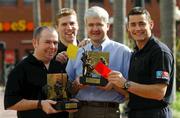 16 January 2002; All-Ireland Final referees Aodán Mac Suibhne, left, Dublin, Hurling, and John Bannon, Longford, Football, who were presented with their Vodafone GAA All-Star Referee Awards are 'booked' by Vodafone GAA All-Stars Anthony Lynch, Cork, second from left, and Sligo's Eamonn O'Hara, US Grant Wyndham Hotel, Broadway, San Diego, USA. Picture credit; Ray McManus / SPORTSFILE   *EDI*