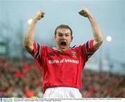 18 January 2003; Munster's John Kelly celebrates after scoring his sides 4th try in the last minute of the game against Gloucester. Munster v Gloucester, Heineken European Cup, Thomond Park,  Limerick. Rugby. Picture credit; Pat Murphy / SPORTSFILE