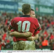 18 January 2003; Munster's John Kelly is congratulated by team-mate Ronan O'Gara (10) after scoring his sides 4th try in the last minute of the game against Gloucester. Munster v Gloucester, Heineken European Cup, Thomond Park,  Limerick. Rugby. Picture credit; Pat Murphy / SPORTSFILE