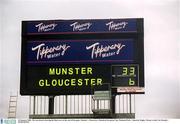 18 January 2003; The scoreboard showing the final score at the end of the game. Munster v Gloucester, Heineken European Cup, Thomond Park,  Limerick. Rugby. Picture credit; Pat Murphy / SPORTSFILE