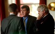 24 January 2003; Kevin Fahy, centre, Acting Chief Executive of the FAI, chats with Milo Corcoran, right, President of the FAI, and Eoin McNeill, Goodbody Solictors, pictured during a break of a board of managment meeting at the Red Cow Hotel, Dublin. Soccer. Picture credit; David Maher / SPORTSFILE *EDI*
