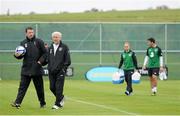 10 October 2012; Republic of Ireland manager Giovanni Trapattoni leaves squad training with goalkeeping coach Alan Kelly, left, ahead of their side's FIFA World Cup Qualifier match against Germany on Friday. Republic of Ireland Squad Training, Gannon Park, Malahide, Co. Dublin. Picture credit: Stephen McCarthy / SPORTSFILE