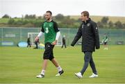 10 October 2012; Republic of Ireland's Marc Wilson, left, and Glenn Whelan leave squad training ahead of their side's FIFA World Cup Qualifier match against Germany on Friday. Republic of Ireland Squad Training, Gannon Park, Malahide, Co. Dublin. Picture credit: Stephen McCarthy / SPORTSFILE