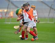 10 October 2012; Pictured at the Kellogg’s Cúl Dream Day Out in Croke Park are Colm Reynolds, left, age 7, from Galway, in action against Shane Forde, age 7, from Tuam, Co. Galway. 82,000 children participated in Kellogg's GAA Cúl Camps in 2012, an increase of almost 6% on 2011, proving that the camps are one of the most popular summer camps, selected by Irish families. Over 1,000 clubs throughout the country hosted Kellogg's GAA Cúl Camps, during the summer of 2012, with the highest numbers participating in GAA strongholds like Dublin, Cork, Galway, Limerick and Kildare. Counties like Meath, Westmeath and Longford also saw a huge surge in camp registrations with numbers up by 41% in Meath, 34% in Westmeath, 21% in Mayo, 20% in Longford and 8% in Donegal. Croke Park, Dublin. Picture credit: Barry Cregg / SPORTSFILE