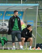 10 October 2012; Republic of Ireland's Robbie Keane, left, and Keith Andrews watch on from the dugout during squad training ahead of their side's FIFA World Cup Qualifier match against Germany on Friday. Republic of Ireland Squad Training, Gannon Park, Malahide, Co. Dublin. Picture credit: David Maher / SPORTSFILE