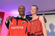 10 October 2012; Former undisputed heavyweight boxing champion Mike Tyson is presented with a Munster rugby jersey by Laura O'Regan, age 13, from Bantry, Co. Cork. Thomond Park, Limerick. Picture credit: Diarmuid Greene / SPORTSFILE