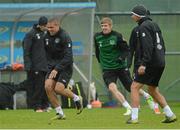 11 October 2012; Republic of Ireland's Jonathan Walters, left, Andy Keogh and Stephen Kelly, right, during squad training ahead of their side's FIFA World Cup Qualifier match against Germany on Friday. Republic of Ireland Squad Training, Gannon Park, Malahide, Co. Dublin. Picture credit: Brian Lawless / SPORTSFILE