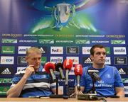 11 October 2012; Leinster head coach Joe Schmidt, left, and Shane Jennings during a press conference ahead of their side's Heineken Cup, Pool 5, Round 1, match against Exeter Chiefs on Saturday. Leinster Rugby Press Conference, UCD, Belfield, Dublin. Picture credit: Matt Browne / SPORTSFILE