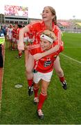 7 October 2012; Cork players Valerie Mulcahy and Riona Ní Bhuachalla celebrate after the game. TG4 All-Ireland Ladies Football Senior Championship Final, Cork v Kerry, Croke Park, Dublin. Picture credit: Brendan Moran / SPORTSFILE