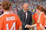 7 October 2012; Pat Quill, President, Ladies Gaelic Football Association, meets the Armagh team before the game. TG4 All-Ireland Ladies Football Intermediate Championship Final, Armagh v Waterford, Croke Park, Dublin. Picture credit: Brendan Moran / SPORTSFILE