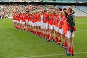 7 October 2012; The Cork team stand for the National Anthem before the game. TG4 All-Ireland Ladies Football Senior Championship Final, Cork v Kerry, Croke Park, Dublin. Picture credit: Brendan Moran / SPORTSFILE