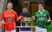 7 October 2012; Mairéad O'Sullian, left, Cork, and Shannon O'Leary, Kerry, bring out the Brendan Martin Cup before the game. TG4 All-Ireland Ladies Football Senior Championship Final, Cork v Kerry, Croke Park, Dublin. Picture credit: Brendan Moran / SPORTSFILE