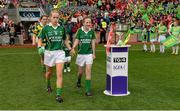 7 October 2012; Kerry captain Bernie Breen leads her side out past the Brendan Martin Cup before the game.  TG4 All-Ireland Ladies Football Senior Championship Final, Cork v Kerry, Croke Park, Dublin. Picture credit: Brendan Moran / SPORTSFILE