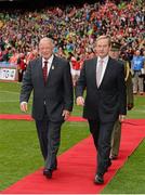 7 October 2012; An Taoiseach Enda Kenny T.D. is accompanied by Pat Quill, President, Ladies Gaelic Football Association, to meet the teams before the game. TG4 All-Ireland Ladies Football Senior Championship Final, Cork v Kerry, Croke Park, Dublin. Picture credit: Brendan Moran / SPORTSFILE