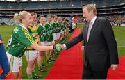 7 October 2012; An Taoiseach Enda Kenny T.D. is greeted by Kerry captain Bernie Breen before meeting the rest of the team. TG4 All-Ireland Ladies Football Senior Championship Final, Cork v Kerry, Croke Park, Dublin. Picture credit: Brendan Moran / SPORTSFILE