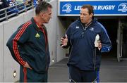 6 October 2012; Leinster forwards coach Jono Gibbes, right, in conversation with Munster head coach Rob Penney before the game. Celtic League 2012/13, Round 6, Leinster v Munster, Aviva Stadium, Lansdowne Road, Dublin. Picture credit: Brendan Moran / SPORTSFILE