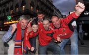 12 October 2012; Munster supporters, from left to right, Denis Corkery, from Nenagh, Co. Tipperary, Elaine Kelly, Michael O'Riordan, Brian Kelly, from Raheen, Limerick, and Jerry Keating, from Pallaskenry, Co. Limerick, in Paris ahead of Munster's Heineken Cup 2012/13, Pool 1, Round 1, match against Racing Metro 92 on Saturday. Boulevard Montmartre, Paris. Picture credit: Diarmuid Greene / SPORTSFILE