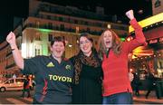 12 October 2012; Munster supporters Brenda O'Brien from Kilworth, Co. Cork, Clare Kenny from Newcastlewest, Co. Limerick, and Niamh Barron from Limerick, in Paris ahead of Munster's Heineken Cup 2012/13, Pool 1, Round 1, match against Racing Metro 92 on Saturday. Boulevard Montmartre, Paris, France. Picture credit: Diarmuid Greene / SPORTSFILE