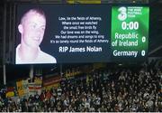 12 October 2012; The screen shows an image of the late James Nolan during a minute's applause before the game. 2014 FIFA World Cup Qualifier, Group C, Republic of Ireland v Germany, Aviva Stadium, Lansdowne Road, Dublin. Picture credit: Brendan Moran / SPORTSFILE