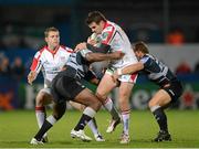 12 October 2012; Jared Payne, Ulster, is tackled by Seremaia Bai and Paul Bonneford, Castres Olympique. Heineken Cup 2012/13, Pool 4, Round 1, Ulster v Castres Olympique, Ravenhill Park, Belfast, Co. Antrim. Picture credit: Oliver McVeigh / SPORTSFILE