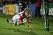 12 October 2012; Andrew Trimble, Ulster, goes over to score his side's first try. Heineken Cup 2012/13, Pool 4, Round 1, Ulster v Castres Olympique, Ravenhill Park, Belfast, Co. Antrim. Picture credit: John Dickson / SPORTSFILE