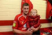 13 October 2012; Jason McGuinness, Sligo Rovers, celebrates with his daughter Abby, age 3, in the team dressing room after the game. Airtricity League Premier Division, Sligo Rovers v St Patrick's Athletic, Showgrounds, Sligo. Picture credit: David Maher / SPORTSFILE