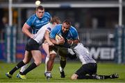 13 October 2012; Leo Auva'a, Leinster A, is tackled by Joe Barker, left, and Christian Georgiou, Leeds Carnegie. British & Irish Cup, Leinster A v Leeds Carnegie, Donnybrook Stadium, Donnybrook, Dublin. Picture credit: Stephen McCarthy / SPORTSFILE
