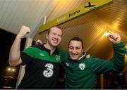 14 October 2012; Republic of Ireland supporters Eoin McCann, left, from Castleknock, and David Cooper, from Cabra, both Co. Dublin, on their arrival at Vágar Airport ahead of their side's FIFA World Cup Qualifier match against the Faroe Islands on Tuesday. Vágar Airport, Sørvágur, Faroe Islands. Picture credit: David Maher / SPORTSFILE