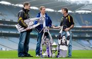 15 October 2012; AIB are celebrating 21 years of sponsoring the GAA Club Championships at today’s launch. AIB has also announced a renewal of their sponsorship of the Club Championships for a further five years. Among those in attendance at the launch were All Ireland club finalists Ollie Canning who captained Portuma to Club Championship success in 2008 & 2009, Colm “Gooch” Cooper and Seanie O’Shea, who captained his team Dr Crokes to win the AIB GAA Club Championships in 1992, John McEntee who captained Crossmaglen Rangers in 1999 along with Oisin McConville, five time all Ireland club winner with the Armagh club and Kilkenny captain and James Stephens hurler Eoin Larkin. Pictured at the announcement are, from left, John McEntee, Crossmaglen Rangers, Armagh, Ollie Canning, Portumna, Galway, and Seanie O'Shea, Dr. Crokes, Kerry. Croke Park, Dublin. Picture credit: Brendan Moran / SPORTSFILE