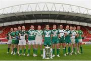 15 October 2012; Rugby League Ireland Internationals of multiple grades, from left to right, Paul Allen, Ed Daly, Mark O'Neill, Cathal O'Reilly, Declan Nash, Sean Putt, Jayden Thong, Ken Savage, Mark Tuohy, Brendan Burke, Mark Hanrahan, Tadhg McCloskey and Aaron McCloskey in attendance at a 2013 Rugby League World Cup press conference. Thomond Park, Limerick. Picture credit: Diarmuid Greene / SPORTSFILE