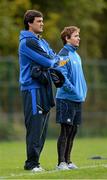 15 October 2012; Leinster's Quinn Roux, left, and Eoin Reddan watch on during squad training ahead of their side's Heineken Cup, Pool 5, Round 2, game against Scarlets on Saturday. Leinster Rugby Squad Training, Rosemount, UCD, Belfield, Dublin. Picture credit: Stephen McCarthy / SPORTSFILE