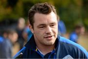 15 October 2012; Leinster's Cian Healy speaking to media during training ahead of their side's Heineken Cup, Pool 5, Round 2, game against Scarlets on Saturday. Leinster Rugby Squad Training, Rosemount, UCD, Belfield, Dublin. Picture credit: Stephen McCarthy / SPORTSFILE
