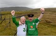15 October 2012; Republic of Ireland supporters Malachy Gormley, left, from Letterkenny, Co. Donegal, and Ger Maher, from Carlow Town, Co. Carlow, in the Faroe Islands ahead of their side's FIFA World Cup Qualifier match against the Faroe Islands on Tuesday. Tórshavn, Faroe Islands. Picture credit: David Maher / SPORTSFILE