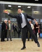 15 October 2012; Leo Varadkar, T.D., Minister for Transport, Tourism and Sport, tries out his handball skills during the opening ceremony of the championships which are taking place in the Citywest Hotel & Conference Centre until the 21st of October. World Handball Championships, Citywest Hotel & Conference Centre, Saggart, Co. Dublin. Picture credit: Barry Cregg / SPORTSFILE
