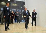 15 October 2012; Uachtarán CLG  Liam Ó Néill shows Minister for Transport, Tourism and Sport, Leo Varadkar, T.D., some handball skills during the opening ceremony of the championships which are taking place in the Citywest Hotel & Conference Centre until the 21st of October. World Handball Championships, Citywest Hotel & Conference Centre, Saggart, Co. Dublin. Picture credit: Barry Cregg / SPORTSFILE